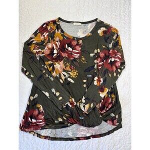 Oddi Green Floral Print Soft Long Sleeve Front Twist Blouse size medium